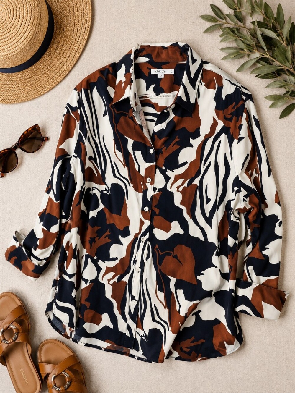 Chico's NWT black Brown Animal Print L Sleeve Cotton Shirt. Chicos4 (16-18)